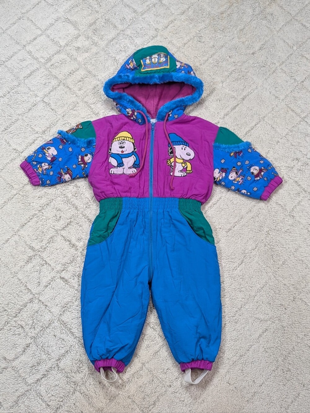 Vintage Snoopy Peanuts Snowsuit Kids 12-18 M Purple Blue One Piece Daisy Hill